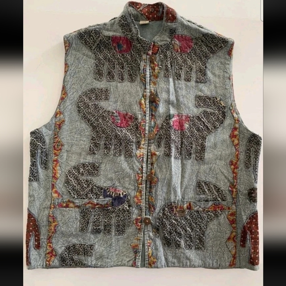 Vintage Womens Vest Elephants Flowers Embroidered Artsy Bohemian Khadi India Art